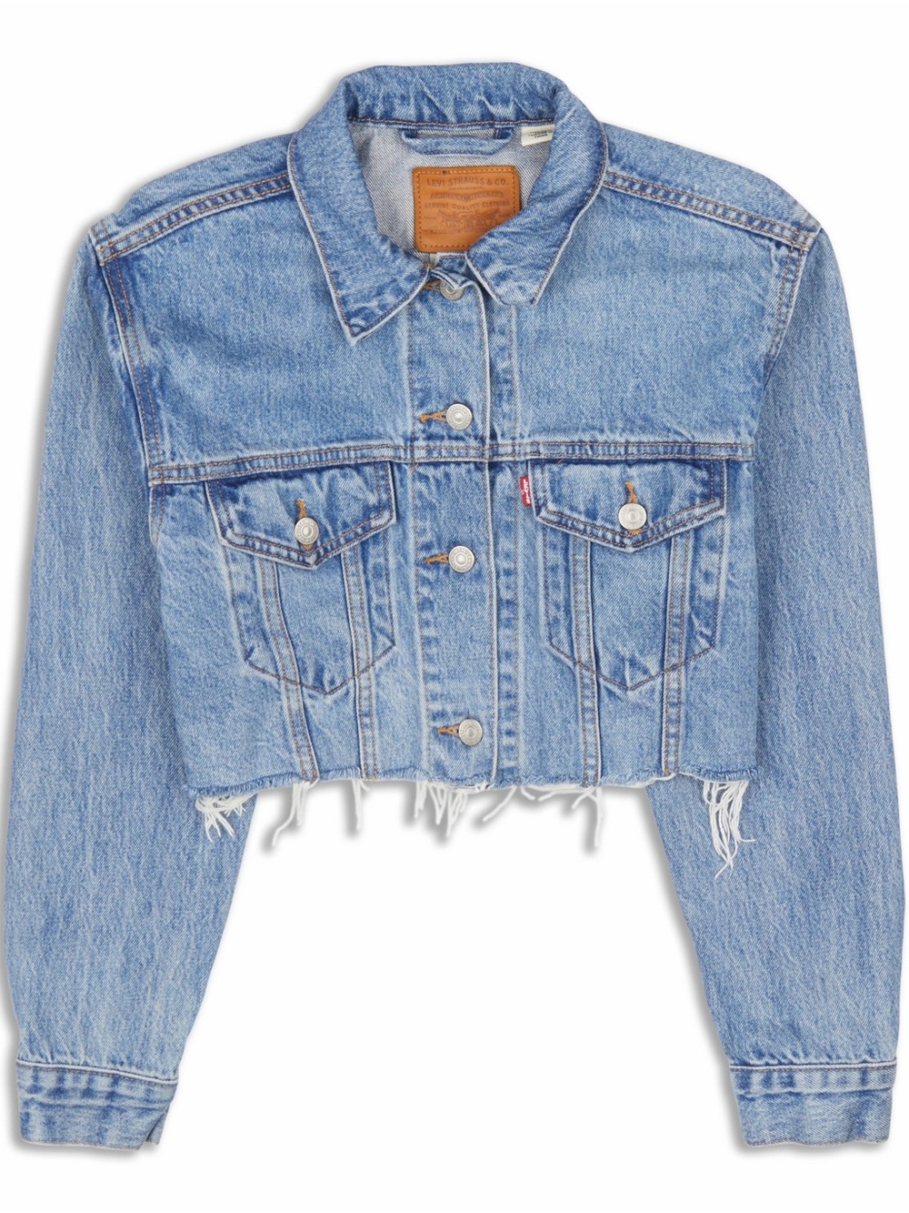 Levi's Cropped Trucker Denim Jacket XS Raw Hem Distressed Oversized